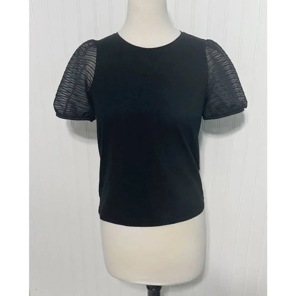 Madewell Striped Sheer Puff Sleeve Knit T-Shirt Crewneck Short Sleeve Black XS‎